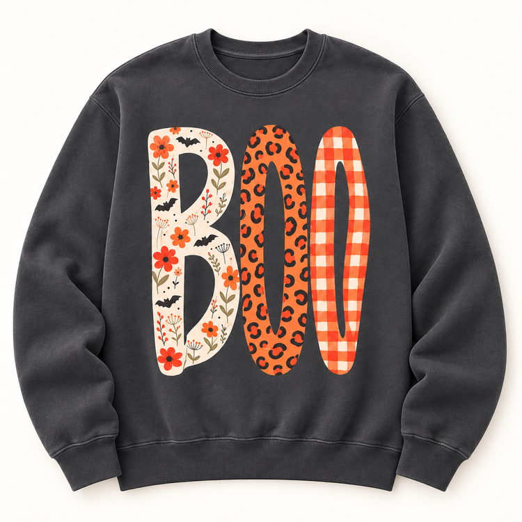 New BOO floral and leopard crewneck sweatshirt