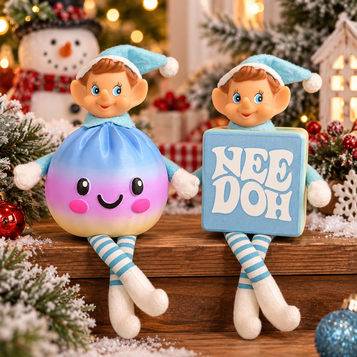 Christmas elves wearing 3D printed cube and dumpling costume accessories
