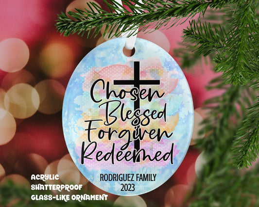 Chosen Blessed Forgiven Redeemed "Glass-Like" Acrylic Shatterproof Christmas Ornament - Endlessly Trendy Boutique