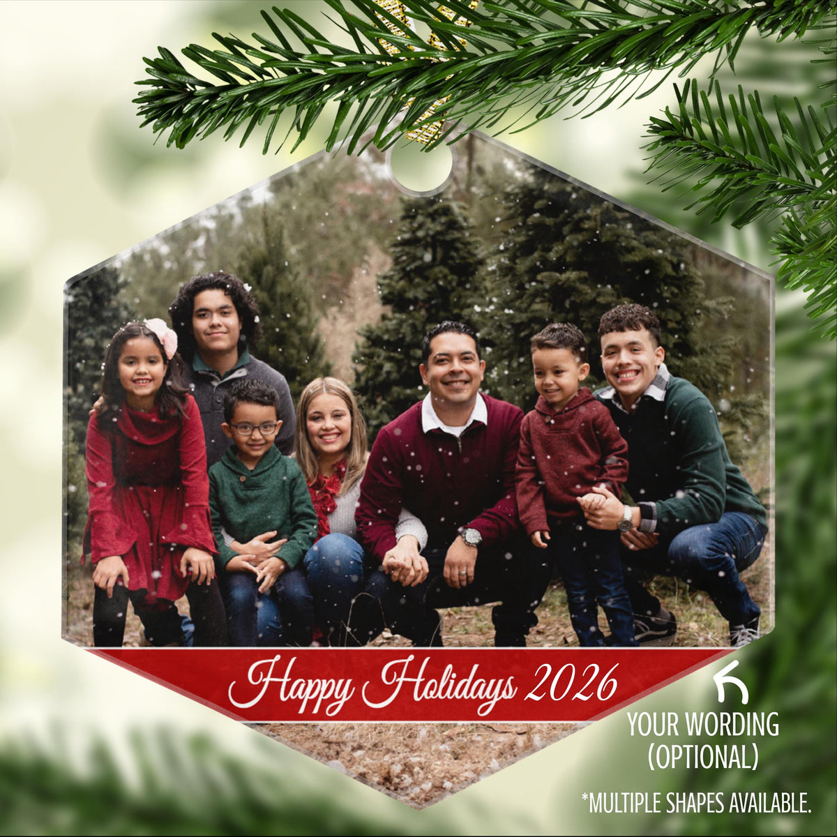 Hexagon acrylic photo ornament featuring a family photo and optional Happy Holidays 2026 wording