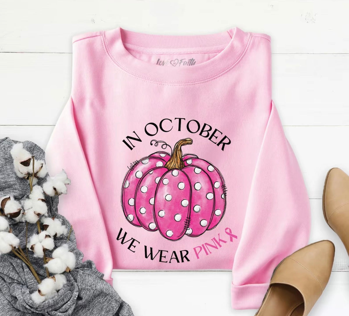 In October We Wear Pink polka dot pumpkin pink crewneck sweatshirt