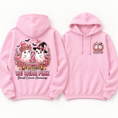 Pink Ribbon Ghost Duo light pink fleece hoodie, full back and small left chest print