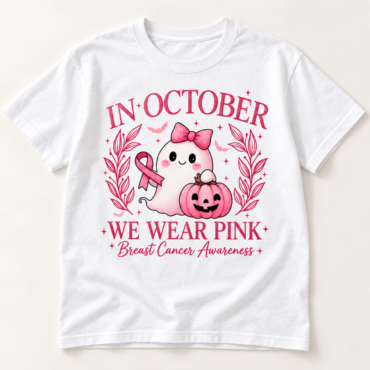 Pink Ribbon Ghost & Pumpkin white short sleeve tee front print